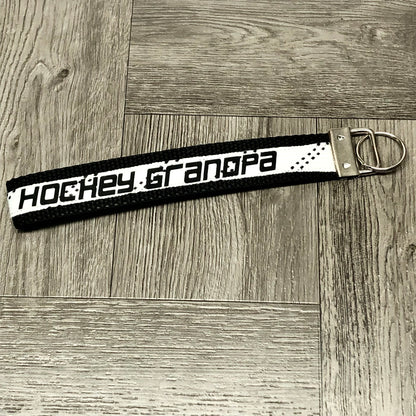 Hockey Grandpa Lanyard Keychain Black With White Hockey Lace