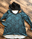 Turquoise Lace Print Women’s Dress Shirt With Hood and High-Low Hem Size XL