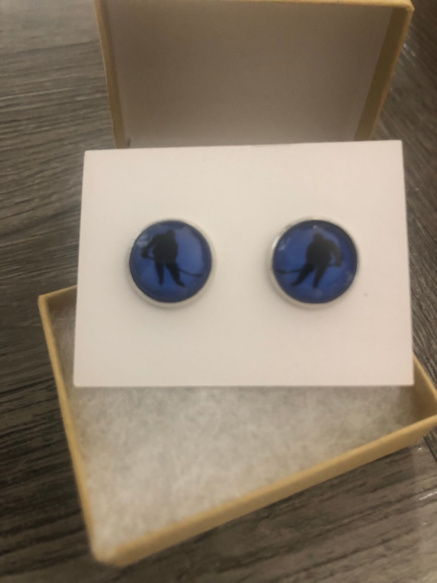 Blue Hockey Player Handmade 12mm Studded Earrings