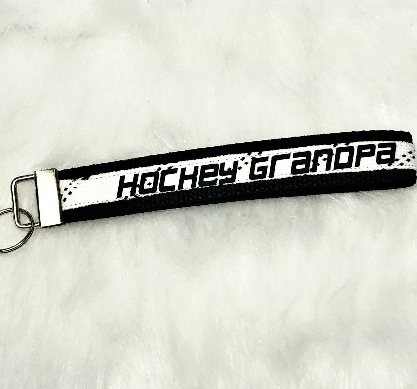 Hockey Grandpa Lanyard Keychain Black With White Hockey Lace