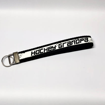 Hockey Grandpa Lanyard Keychain Black With White Hockey Lace