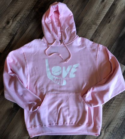 “Love” Hockey Light Pink Hoodie Size L