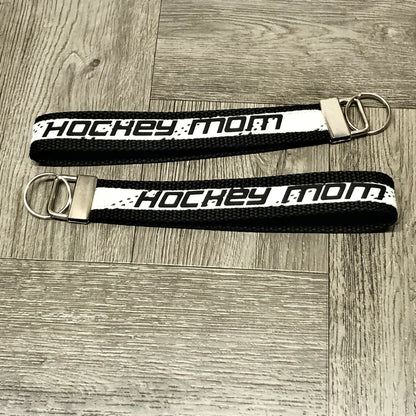 Hockey Mom Lanyard Keychain Black With White Hockey Lace