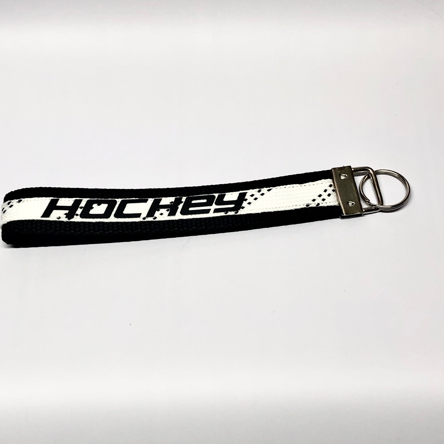 Hockey Lanyard Keychain Black With White Hockey Lace