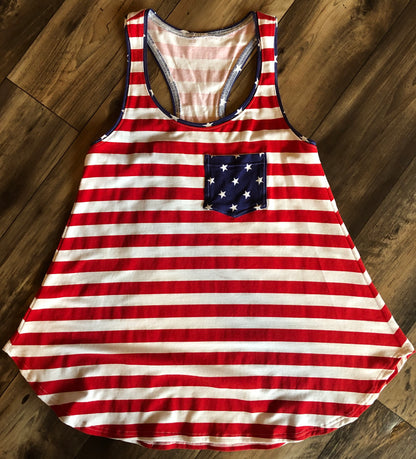 Stars and Strips Patriotic Loose Fitting Tank Top With Removable Bow Size L