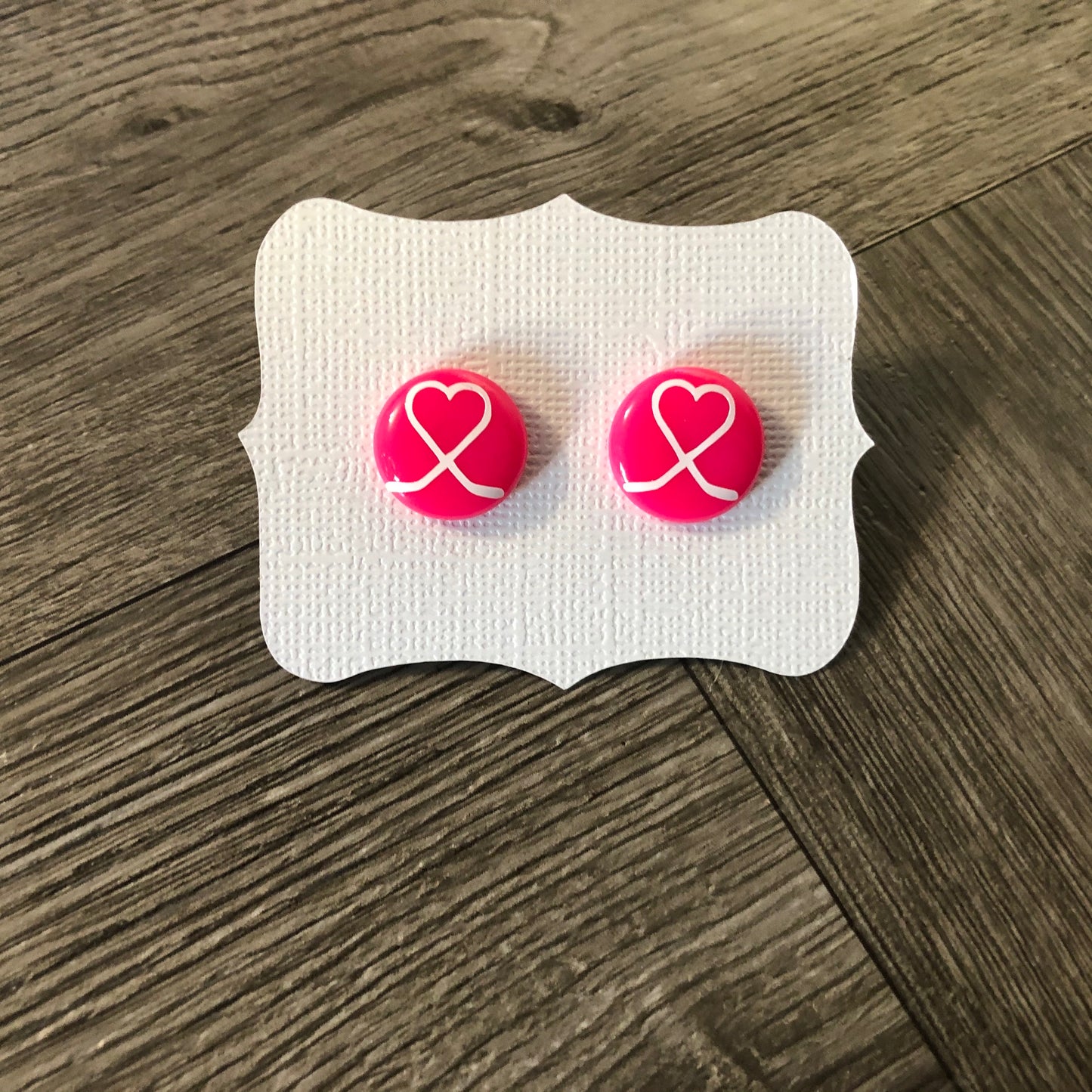 Pink With White Hockey Heart Stick Earrings
